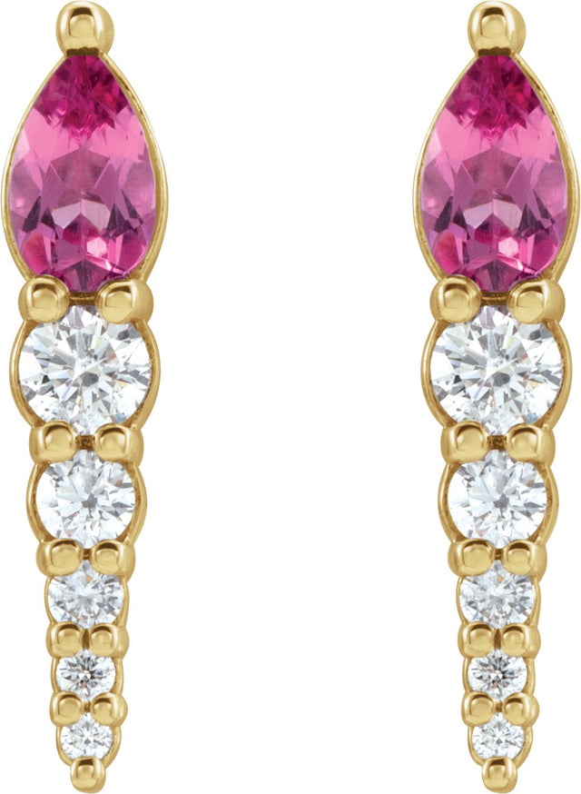 14K Gold Pear Natural Pink Tourmaline & Natural Diamond Accented Bar Earrings - Yellow Gold - view 2