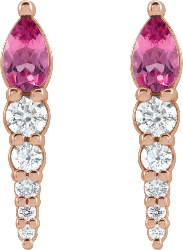 14K Gold Pear Natural Pink Tourmaline & Natural Diamond Accented Bar Earrings - Rose Gold - view 2