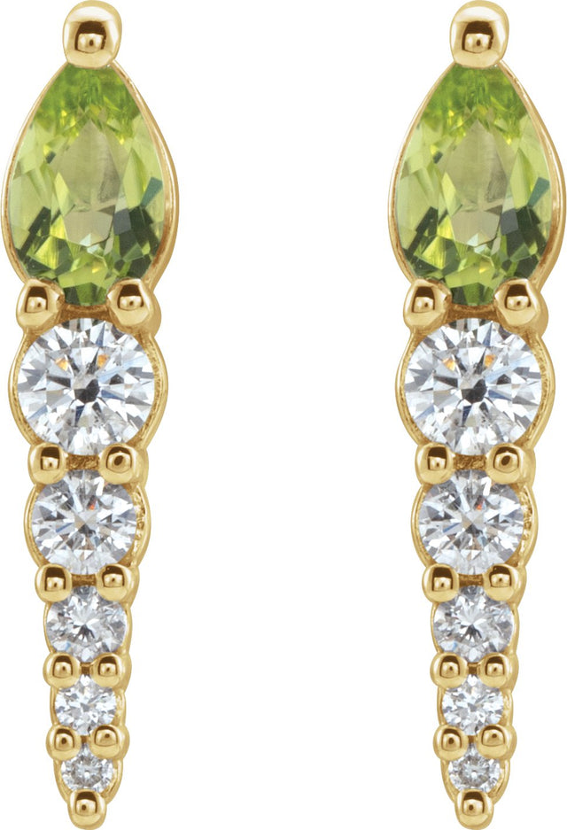 14K Gold Pear Natural Peridot & Natural Diamond Accented Bar Earrings - Yellow Gold - view 2