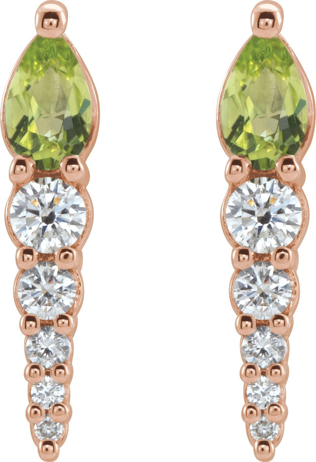 14K Gold Pear Natural Peridot & Natural Diamond Accented Bar Earrings - Rose Gold - view 2
