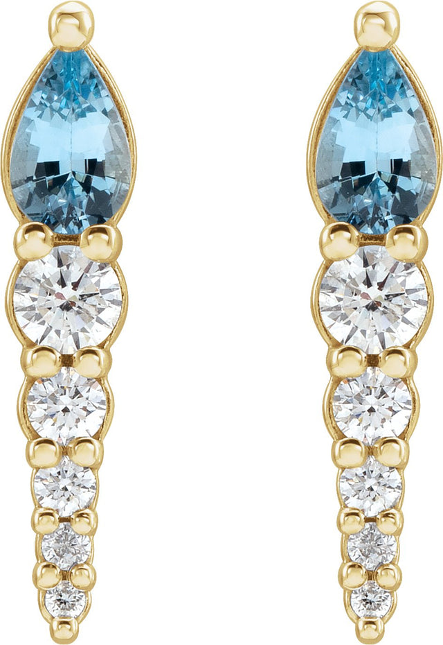 14K Gold Pear Natural Aquamarine & Natural Diamond Accented Bar Earrings - Yellow Gold - view 2