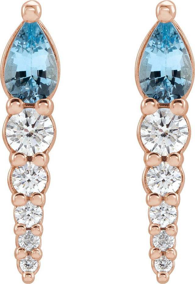 14K Gold Pear Natural Aquamarine & Natural Diamond Accented Bar Earrings - Rose Gold - view 2