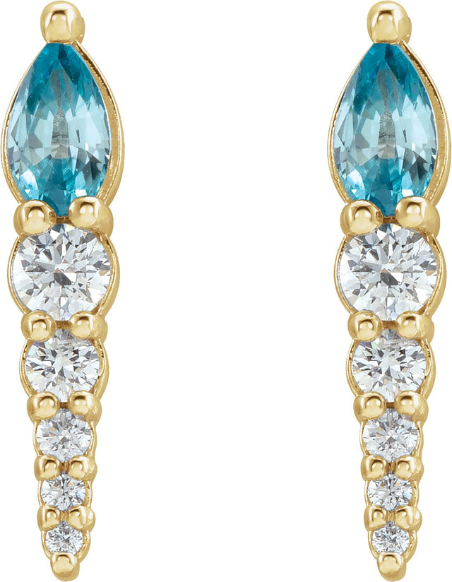 14K Gold Pear Natural Blue Zircon & Natural Diamond Accented Bar Earrings - Yellow Gold - view 2