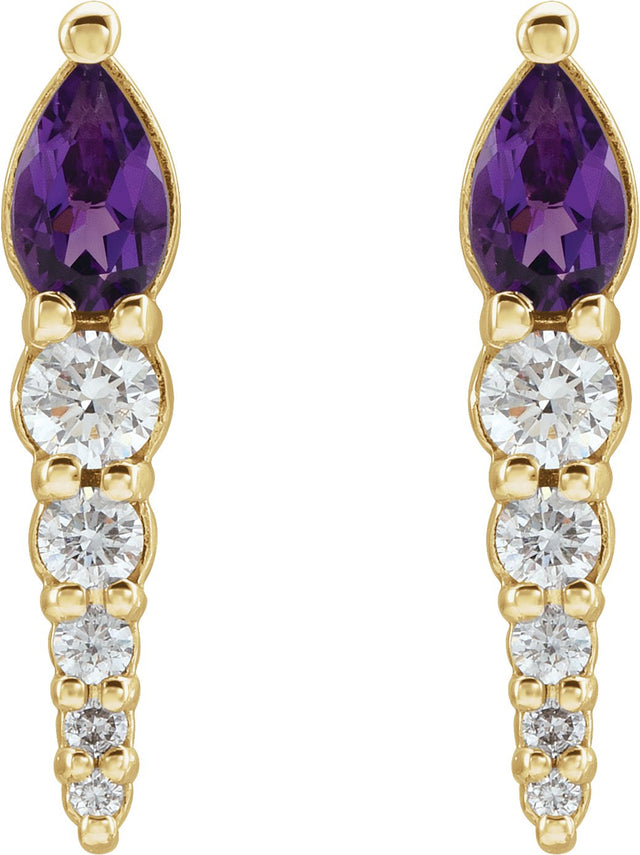 14K Gold Pear Natural Amethyst & Natural Diamond Accented Bar Earrings - Yellow Gold - view 2