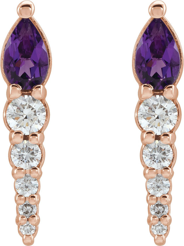 14K Gold Pear Natural Amethyst & Natural Diamond Accented Bar Earrings - Rose Gold - view 2