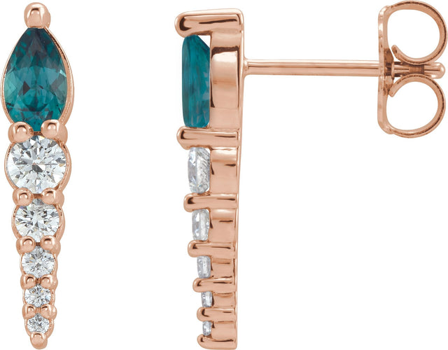 14K Gold Pear Lab-Grown Alexandrite & Natural Diamond Accented Bar Earrings - Rose Gold