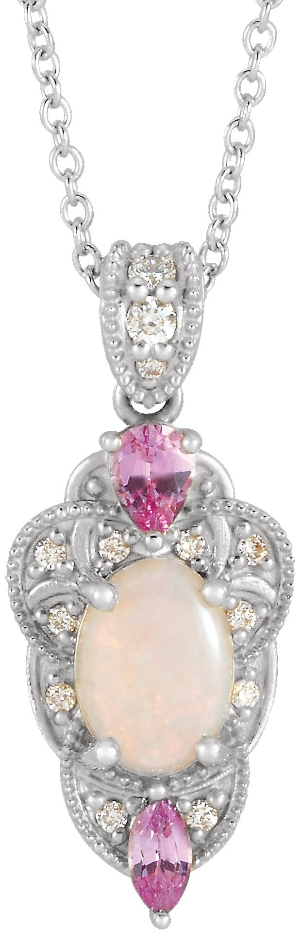 Platinum Oval Natural White Opal & Natural Pink Sapphire & Natural Diamond Vintage-Inspired Necklace or Pendant