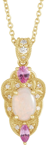 14K Gold Oval Natural White Opal & Natural Pink Sapphire & Natural Diamond Vintage-Inspired Necklace or Pendant - Yellow Gold