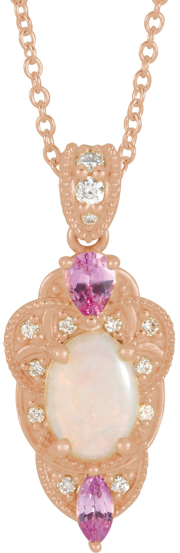 14K Gold Oval Natural White Opal & Natural Pink Sapphire & Natural Diamond Vintage-Inspired Necklace or Pendant - Rose Gold