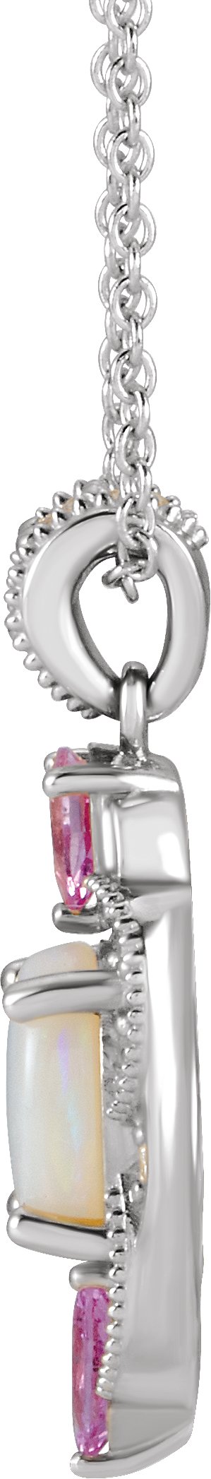 14K Gold Oval Natural White Opal & Natural Pink Sapphire & Natural Diamond Vintage-Inspired Necklace or Pendant - White Gold - view 2