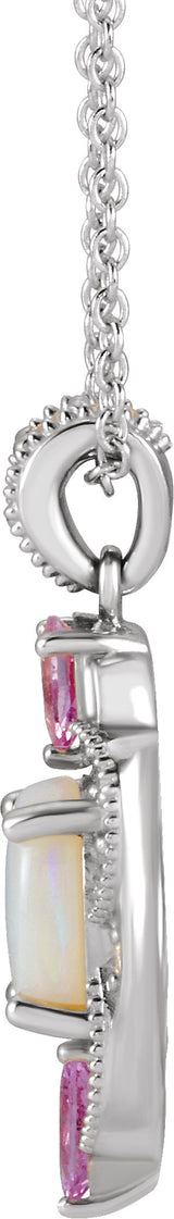 Platinum Oval Natural White Opal & Natural Pink Sapphire & Natural Diamond Vintage-Inspired Necklace or Pendant - view 2