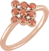 14K Gold Round Natural Pink Coral & Natural Diamond Geometric Cluster Ring - Rose Gold