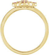 14K Gold Round Natural Pink Coral & Natural Diamond Geometric Cluster Ring - Yellow Gold - view 2