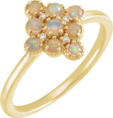 14K Gold Round Natural White Ethiopian Opal & Natural Diamond Geometric Cluster Ring - Yellow Gold