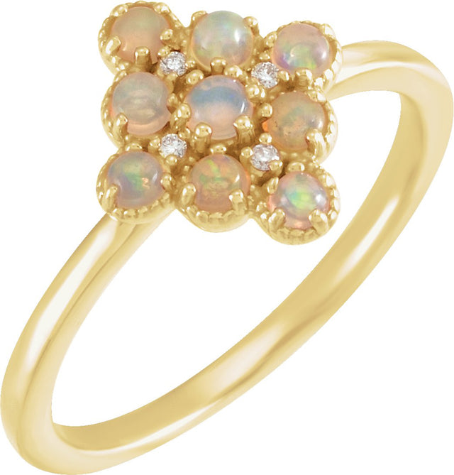 14K Gold Round Natural White Ethiopian Opal & Natural Diamond Geometric Cluster Ring - Yellow Gold