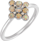 14K Gold Round Natural White Ethiopian Opal & Natural Diamond Geometric Cluster Ring - White Gold