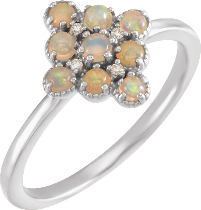 Platinum Round Natural White Ethiopian Opal & Natural Diamond Geometric Cluster Ring