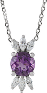 14K Gold Round Natural Amethyst & Natural Diamond Accented Necklace or Pendant - White Gold