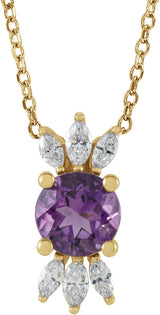 14K Gold Round Natural Amethyst & Natural Diamond Accented Necklace or Pendant - Yellow Gold