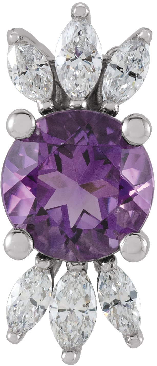 14K Gold Round Natural Amethyst & Natural Diamond Accented Necklace or Pendant - White Gold