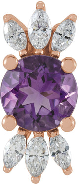 14K Gold Round Natural Amethyst & Natural Diamond Accented Necklace or Pendant - Rose Gold