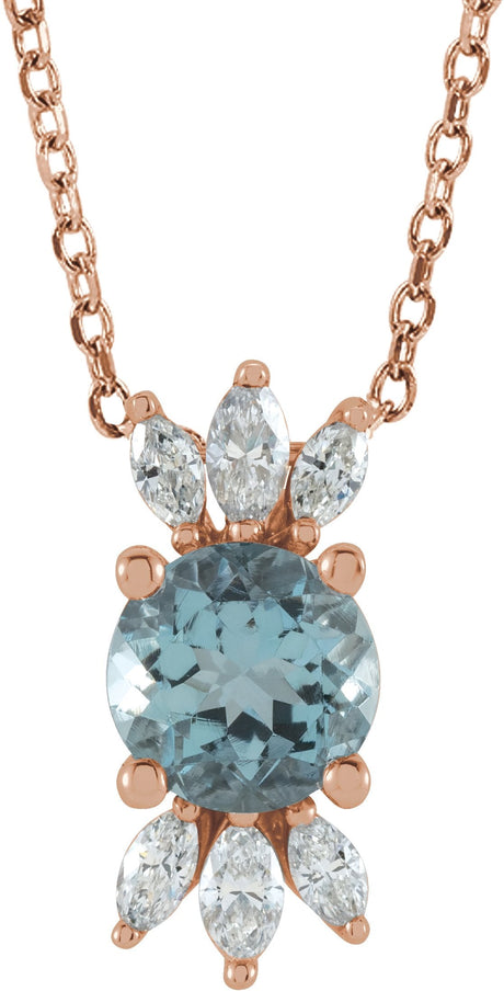 14K Gold Round Natural Aquamarine & Natural Diamond Accented Necklace or Pendant - Rose Gold