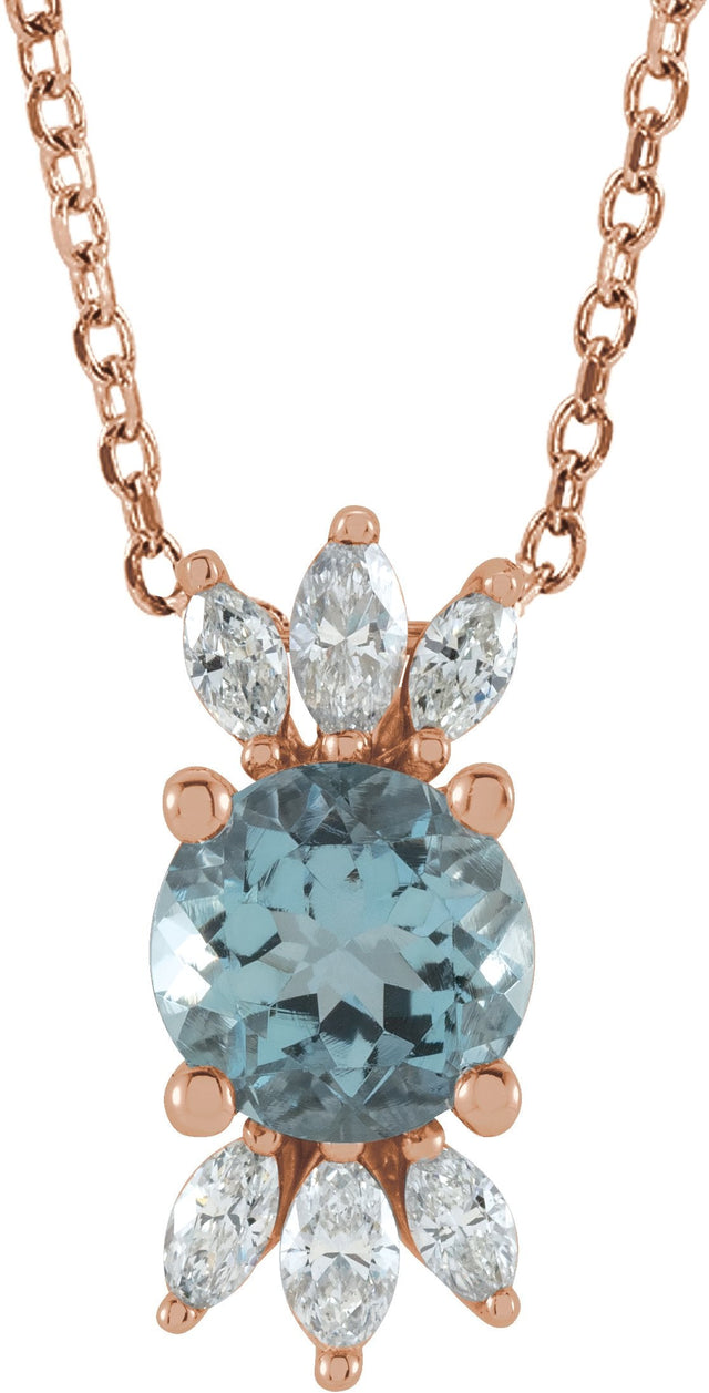 14K Gold Round Natural Aquamarine & Natural Diamond Accented Necklace or Pendant - Rose Gold