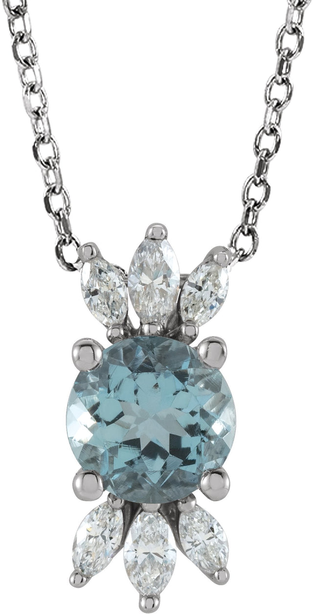 Platinum Round Natural Aquamarine & Natural Diamond Accented Necklace or Pendant