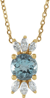 14K Gold Round Natural Aquamarine & Natural Diamond Accented Necklace or Pendant - Yellow Gold