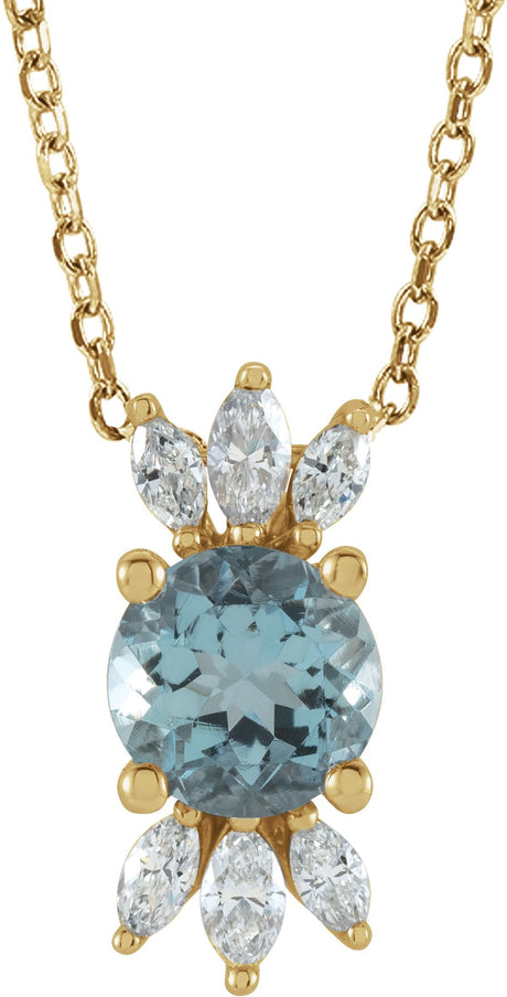 14K Gold Round Natural Aquamarine & Natural Diamond Accented Necklace or Pendant - Yellow Gold