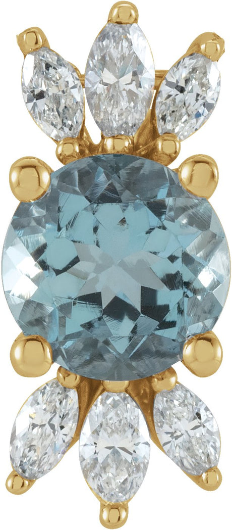 14K Gold Round Natural Aquamarine & Natural Diamond Accented Necklace or Pendant - Yellow Gold