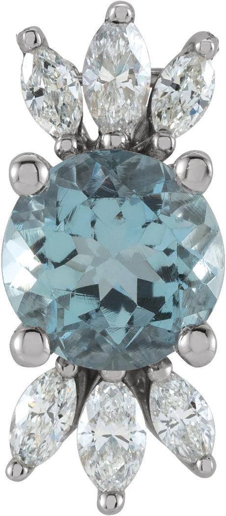 14K Gold Round Natural Aquamarine & Natural Diamond Accented Necklace or Pendant - White Gold