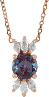 14K Gold Round Lab-Grown Alexandrite & Natural Diamond Accented Necklace or Pendant - Rose Gold