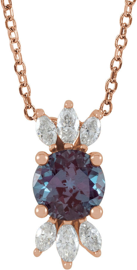 14K Gold Round Lab-Grown Alexandrite & Natural Diamond Accented Necklace or Pendant - Rose Gold
