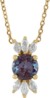 14K Gold Round Lab-Grown Alexandrite & Natural Diamond Accented Necklace or Pendant - Yellow Gold