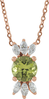 14K Gold Round Natural Peridot & Natural Diamond Accented Necklace or Pendant - Rose Gold