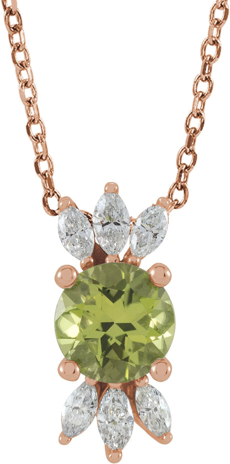14K Gold Round Natural Peridot & Natural Diamond Accented Necklace or Pendant - Rose Gold