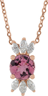 14K Gold Round Natural Pink Tourmaline & Natural Diamond Accented Necklace or Pendant – 1/5 CTW - Rose Gold