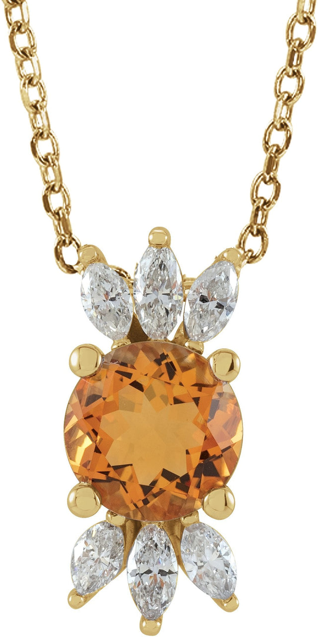 14K Gold Round Natural Citrine & Natural Diamond Accented Necklace or Pendant - Yellow Gold