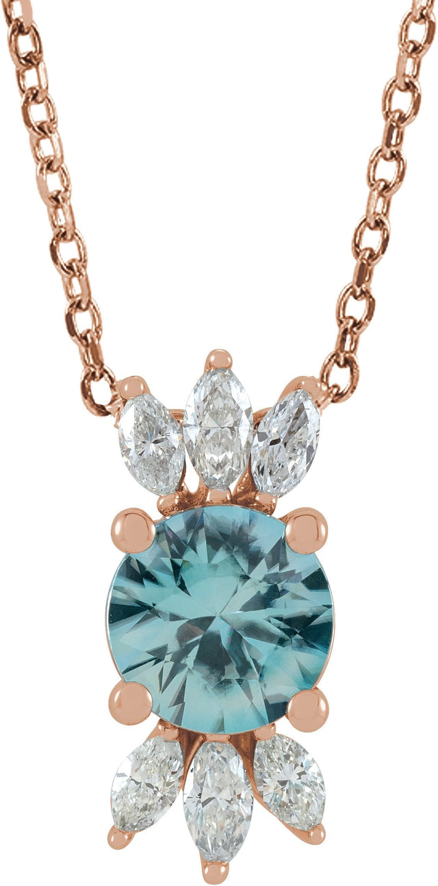 14K Gold Round Natural Blue Zircon & Natural Diamond Accented Necklace or Pendant - Rose Gold