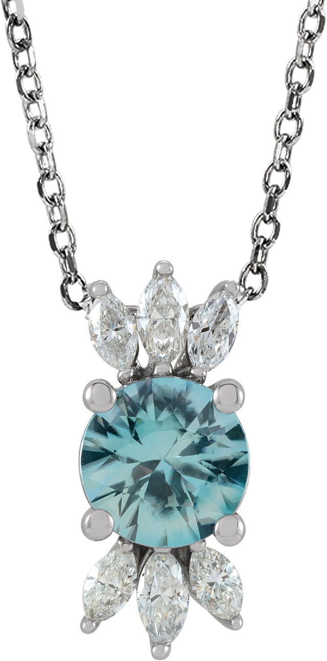 14K Gold Round Natural Blue Zircon & Natural Diamond Accented Necklace or Pendant - White Gold
