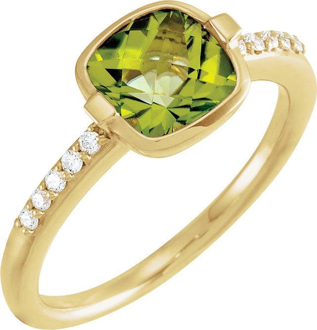 14K Gold Cushion Natural Peridot & Natural Diamond Accented Ring - view 3