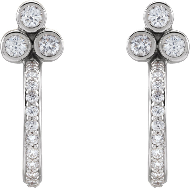 14K Gold Round Natural Diamond Accented Bezel-Set J-Hoop Earrings - White Gold - view 5