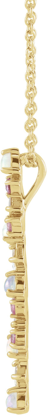 14K Gold Natural Ethiopian Opal & Natural Pink Sapphire & Natural Diamond Scattered Bar Pendant – 1/8 CTW - Yellow Gold - view 2