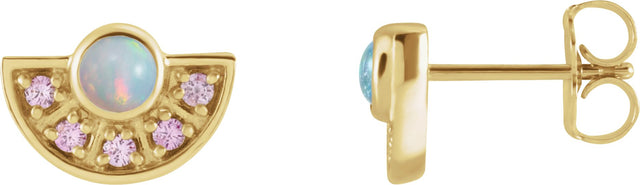 14K Gold Round Natural Ethiopian Opal & Natural Pink Sapphire Fan Earrings - Yellow Gold