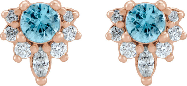 14K Gold Round Natural Blue Zircon Accented Earrings - Rose Gold - view 6