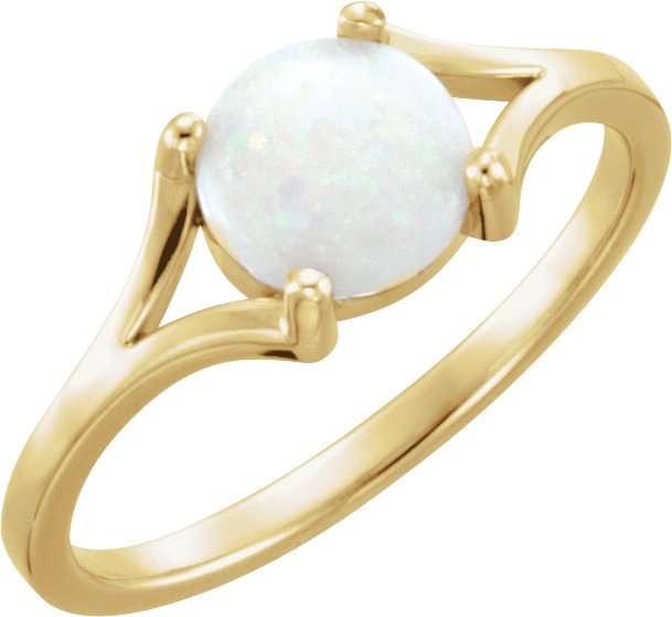 14K Gold Round Natural White Opal Cabochon Ring - Yellow Gold