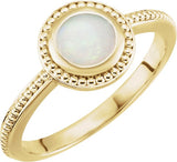 14K Gold Round Natural White Opal Beaded Cabochon Ring - Yellow Gold