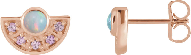 14K Gold Round Natural Ethiopian Opal & Natural Pink Sapphire Fan Earrings - Rose Gold