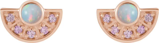 14K Gold Round Natural Ethiopian Opal & Natural Pink Sapphire Fan Earrings - Rose Gold - view 2